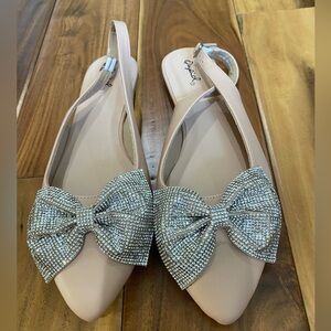 Qupid Nude Slingback Flats with Sparkling Bow